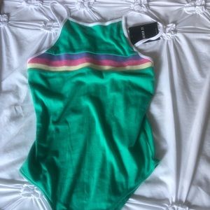 sea green knit bodysuit with pastel color stripes